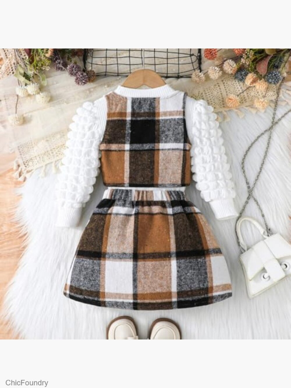 Toddler Girls Christmas Puff Sleeve Knit Top Vest Plaid Skirt Set 2-11T - Picture 3 of 7